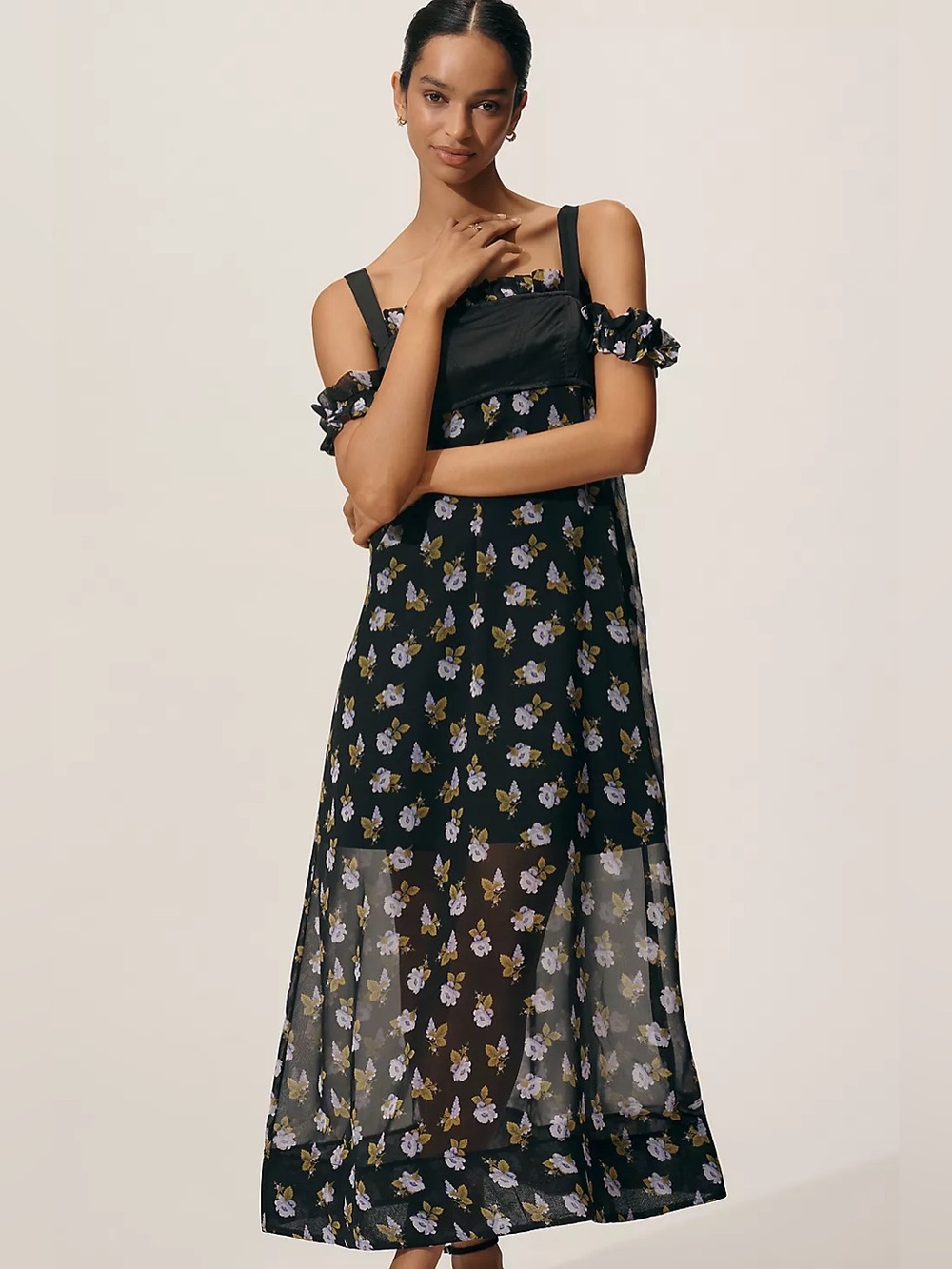 NWT Anthropologie MAEVE SQUARE-NECK SHEER FLORAL MIDI DRESS XXS Black Floral